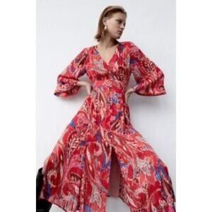 Zara Red Metallic Thread Printed Midi Dress size small Boho Resort